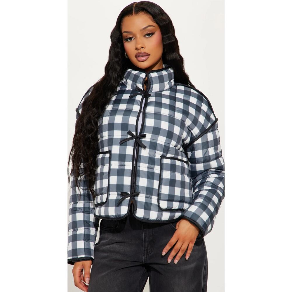 Fashion Nova Gingham Plaid Cropped Quilted Puffer Jacket Size XL Preppy Boho NWT